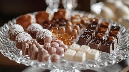 A stunning dessert spread featuring various European sweetmeats, like nougat and pralines, on a crystal tray.の素材