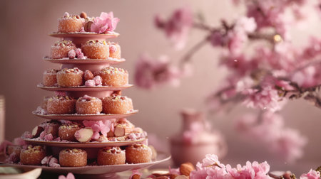A tower of handmade almond-flavored sweetmeats, artistically displayed with floral decorations.の素材