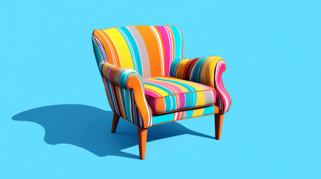A vibrant cartoon chair with bold outlines and curved legs, standing against a sky-blue background.の素材