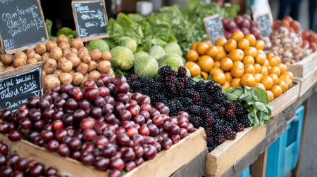 A vibrant farmers market stall showcasing seasonal Northern produce like root vegetables, wild berries, and artisanal cheeses, emphasizing the region's agriculture.の素材