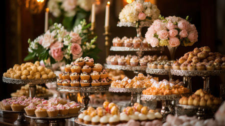 An elegant display of sweetmeats at a wedding reception, beautifully arranged with flowers and candles.の素材