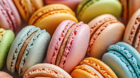 Close-up of vibrant French macarons, a sweetmeat favorite, in a variety of pastel colors.の素材