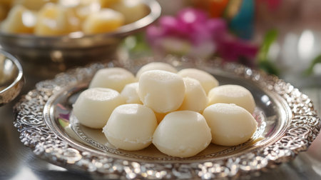 Close-up of creamy peda, a popular Indian sweetmeat, placed on a traditional silver plate.の素材