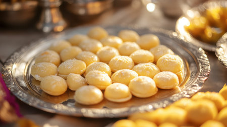 Close-up of creamy peda, a popular Indian sweetmeat, placed on a traditional silver plate.の素材