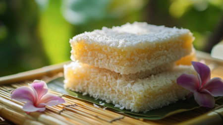 Delicious layered sweetmeats, made of coconut and rice, set on a traditional bamboo mat.の素材