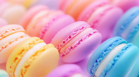 Close-up of vibrant French macarons, a sweetmeat favorite, in a variety of pastel colors.の素材