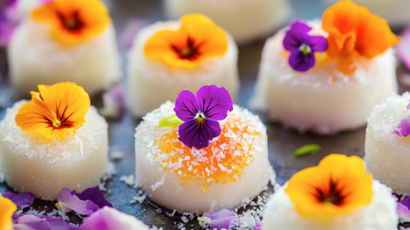 Close-up of delicate coconut sweetmeats garnished with edible flowers, showcasing their vibrant colors and intricate designs.の素材