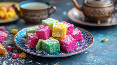 Brightly colored halva sweetmeat pieces on a ceramic plate, with a tea set in the background.の素材