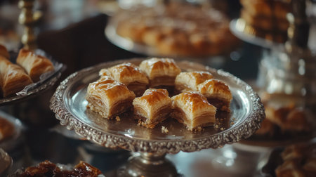 Layers of flaky, syrup-soaked baklava sweetmeats, freshly prepared and arranged on a silver tray.の素材