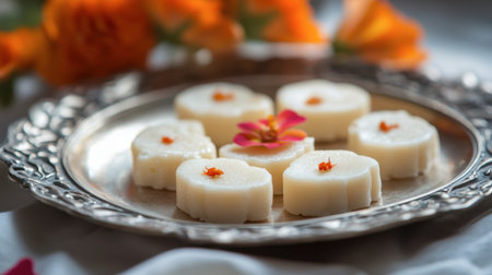 Close-up of creamy peda, a popular Indian sweetmeat, placed on a traditional silver plate.の素材