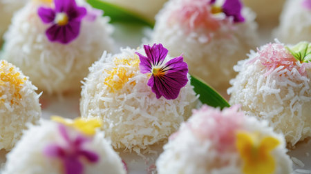 Close-up of delicate coconut sweetmeats garnished with edible flowers, showcasing their vibrant colors and intricate designs.の素材