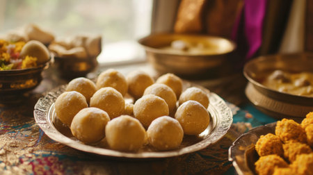 Indian sweetmeat laddu made of ghee and flour, placed on a decorative plate alongside other festival treats.の素材