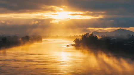 Sunrise over the Mekong River in Nong Khai, casting a golden glow on the water and surrounding landscapes.の素材