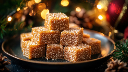 Sweetmeat squares made of jaggery and sesame seeds, glistening under warm lighting on a festive plate.の素材