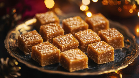 Sweetmeat squares made of jaggery and sesame seeds, glistening under warm lighting on a festive plate.の素材