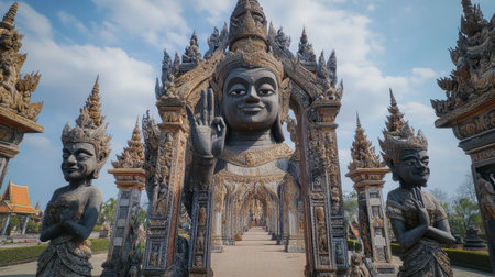The iconic Sala Kaew Ku sculpture park in Nong Khai, featuring towering statues and intricate Buddhist art.の素材