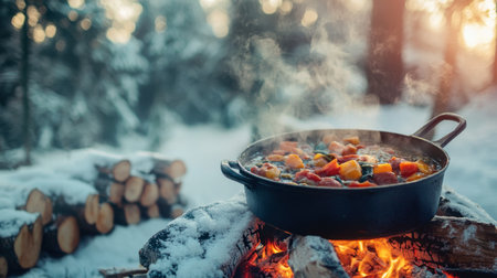 A serene winter scene with a pot of Northern stew simmering over an open fire, highlighting the warmth of traditional cooking.の素材