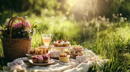 A scenic outdoor picnic featuring an elegant spread of sweetmeats and desserts, surrounded by nature and sunshine.の素材