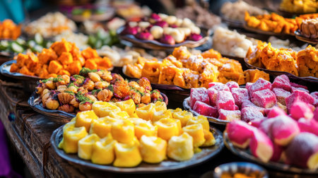 A vibrant dessert display at a cultural festival, featuring traditional sweetmeats and enticing aromas.の素材