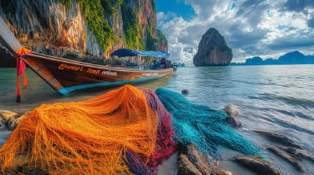 A traditional fishing boat with colorful nets on the shore of Phang Nga, capturing the essence of local fishing culture.の素材