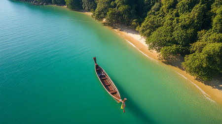 A traditional long-tail boat ferrying tourists to explore the secluded beaches of Koh Yao Noi, highlighting the area's charm.の素材
