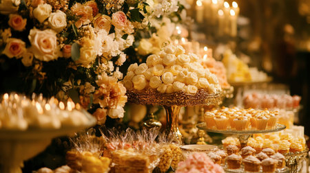 An elegant display of sweetmeats at a wedding reception, beautifully arranged with flowers and candles.の素材