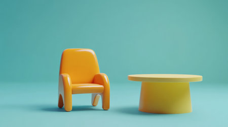 A tiny cartoon chair with an oversized back, placed next to a comically large cartoon table.の素材