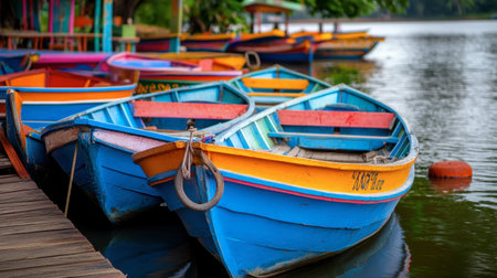 Colorful boats docked on the Mekong River in Nong Khai, ready for a river cruise or fishing adventure.の素材
