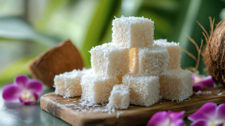 Delicious coconut-coated sweetmeat pieces, stacked on a wooden board with tropical decorations.の素材