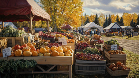 A vibrant farmer's market scene in the North, with vendors showcasing fresh produce, homemade jams, and traditional sweets.の素材