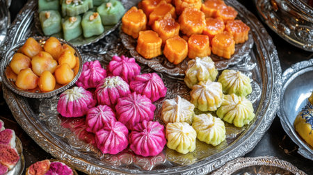 A vibrant spread of Diwali sweetmeats, including modak and malpua, on an ornate silver platter.の素材