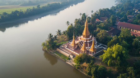 The Phra That La Nong Stupa on the Mekong Riverbank, a spiritual landmark surrounded by natural beauty.の素材