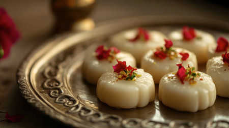 Close-up of creamy peda, a popular Indian sweetmeat, placed on a traditional silver plate.の素材