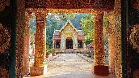 The stunning entrance to Wat Hai Sok temple, adorned with intricate gold detailing and colorful murals.の素材