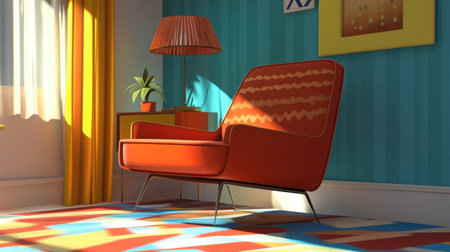 A retro-style cartoon chair with bold colors and thick lines, sitting in a mid-century animated room.の素材