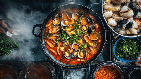 A bustling food stall in Korea serving spicy seafood soup (jjamppong), with vibrant vegetables and seafood in a rich red broth.の素材
