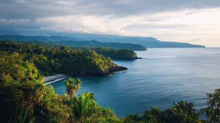 A beautiful view of the coastline of Satun during golden hour, with soft lighting enhancing the natural beauty of the area.の素材