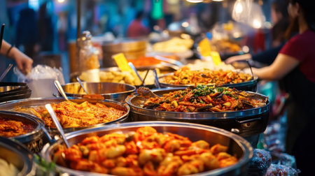 A bustling scene of a Korean food festival, with colorful stalls offering various traditional dishes, showcasing the rich culinary culture of Korea.の素材