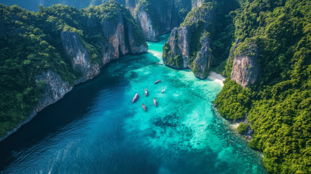 A breathtaking view of the turquoise waters and limestone cliffs of Tarutao National Park, showcasing the stunning natural beauty of Satun.の素材