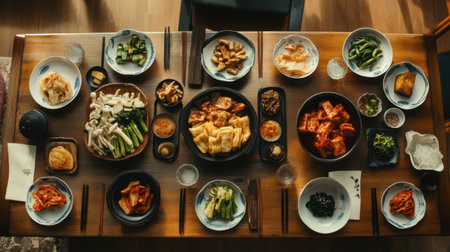 A beautifully arranged table featuring a variety of banchan (side dishes), including pickled vegetables, seasoned tofu, and small servings of kimchi, highlighting Korean dining culture.の素材