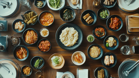 A beautifully arranged table featuring a variety of banchan (side dishes), including pickled vegetables, seasoned tofu, and small servings of kimchi, highlighting Korean dining culture.の素材