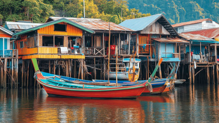 A charming fishing village in Satun, with stilt houses and colorful boats bobbing in the harbor during sunrise.の素材