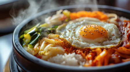 A close-up of a steaming bowl of bibimbap, showcasing the colorful assortment of vegetables, fried egg, and spicy gochujang sauce, beautifully arranged over rice.の素材