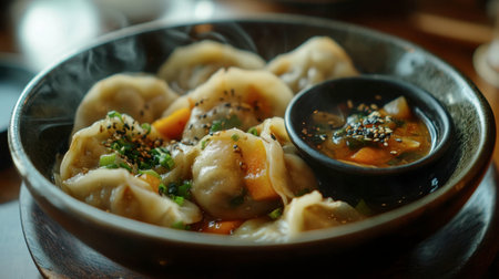 A close-up of a steaming bowl of mandu (Korean dumplings), filled with meat and vegetables, served with a dipping sauce on the side.の素材