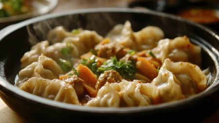 A close-up of a steaming bowl of mandu (Korean dumplings), filled with meat and vegetables, served with a dipping sauce on the side.の素材