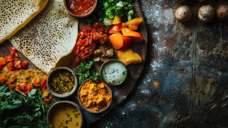A close-up of a traditional Ethiopian injera, served with a colorful array of stews (wot) and vegetables, showcasing the communal nature of this unique cuisine.の素材