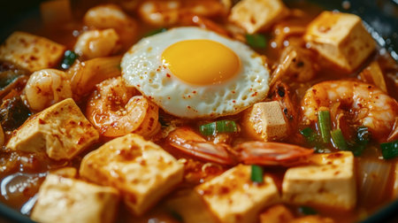 A close-up shot of a bowl of sundubu jjigae (soft tofu stew), with silken tofu, seafood, and vegetables simmering in a spicy broth, topped with an egg.の素材