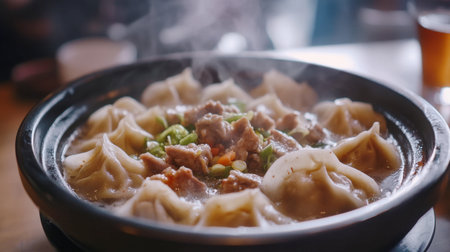 A close-up of a steaming bowl of mandu (Korean dumplings), filled with meat and vegetables, served with a dipping sauce on the side.の素材