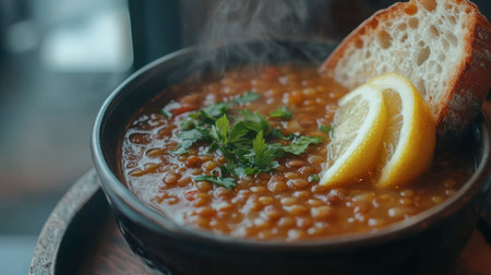 A close-up of a steaming bowl of Turkish lentil soup, served with a wedge of lemon and fresh bread, highlighting the comforting flavors of Middle Eastern cuisine.の素材