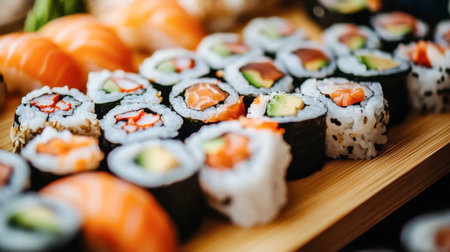 A close-up of sushi rolls beautifully arranged on a wooden platter, featuring fresh fish, avocado, and colorful vegetables, highlighting Japanese culinary artistry.の素材